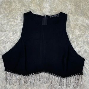Black rhinestone fringe zip back tank top